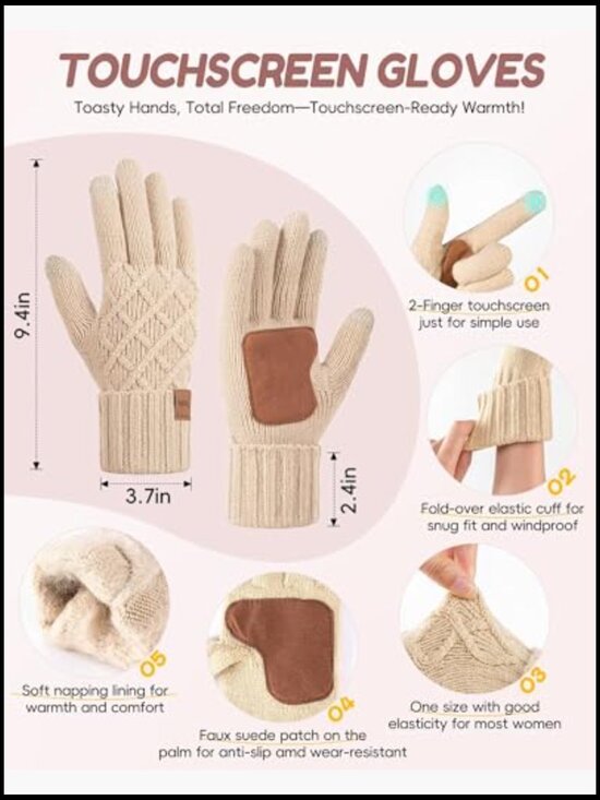 4 Piece Winter Hat Gloves Scarf Headband Set with Pom Pom Beanie Touchscreen main image 2